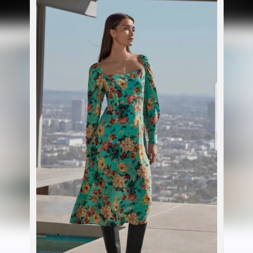 JOHNNY WAS Bonita Teal Floral Square Neck Puff Sleeve Midi Dress Sz M